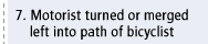 7. Motorist turned or merged left into path of bicyclist
