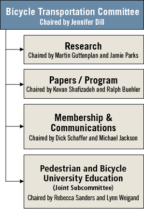 Bicycle Transportation Committee -- Chaired by Jennifer Dill; Research Subcommittee chaired by Martin Guttenplan and Jamie Parks; Papers/Program Subcommittee chaired by Kevan Shafizadeh and Ralph Buehler; Membership and Communications Subcommittee is chaired by Dick Schaffer and Michael Jackson.
